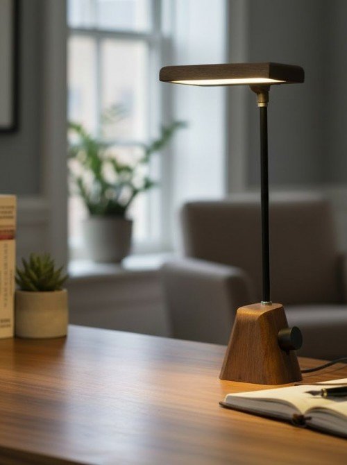 Ceviz Renk El Yapımı Ahşap Masa Lambası – Dimmerli USB Çalışma Lambası